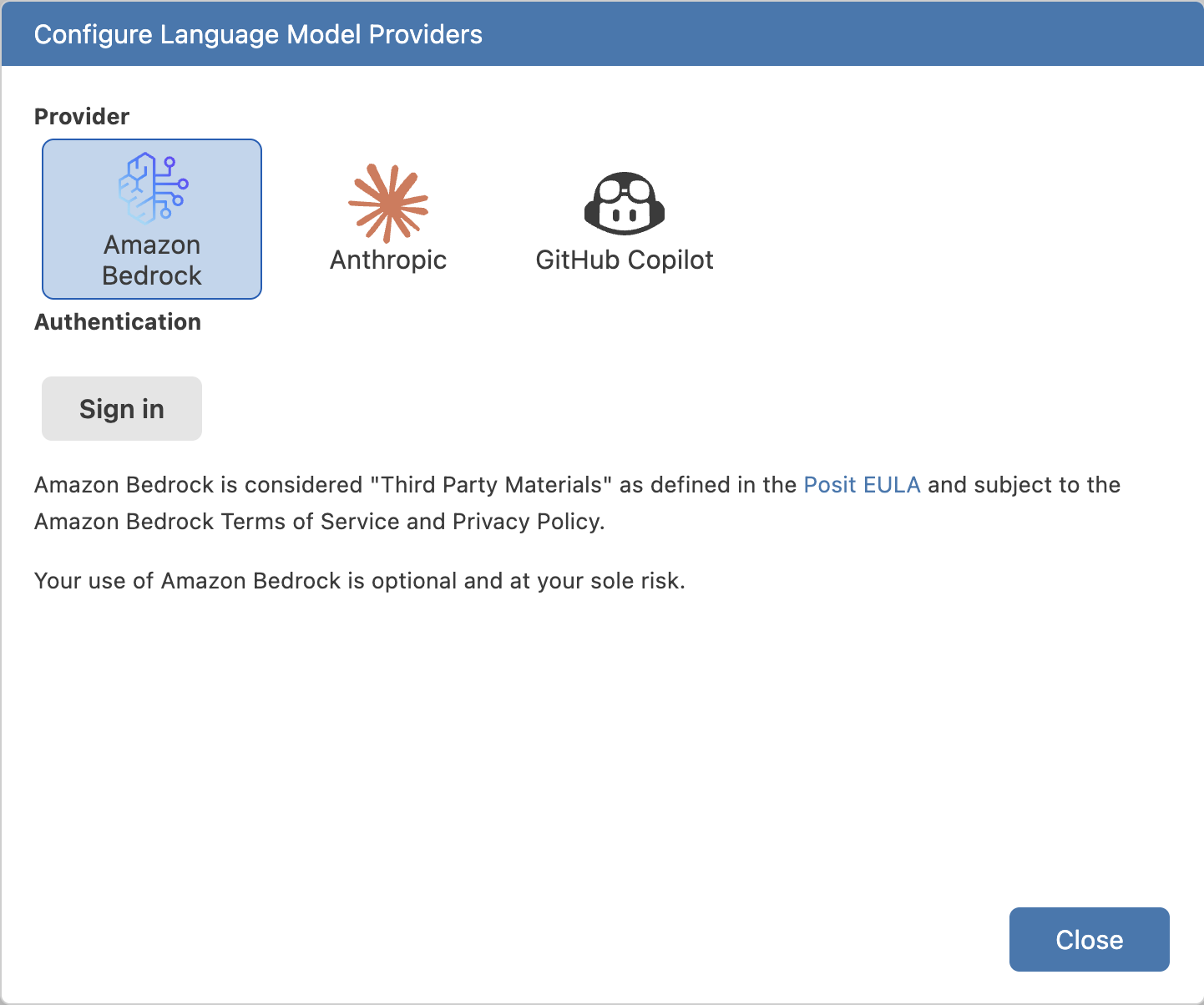 Amazon Bedrock selected in provider modal