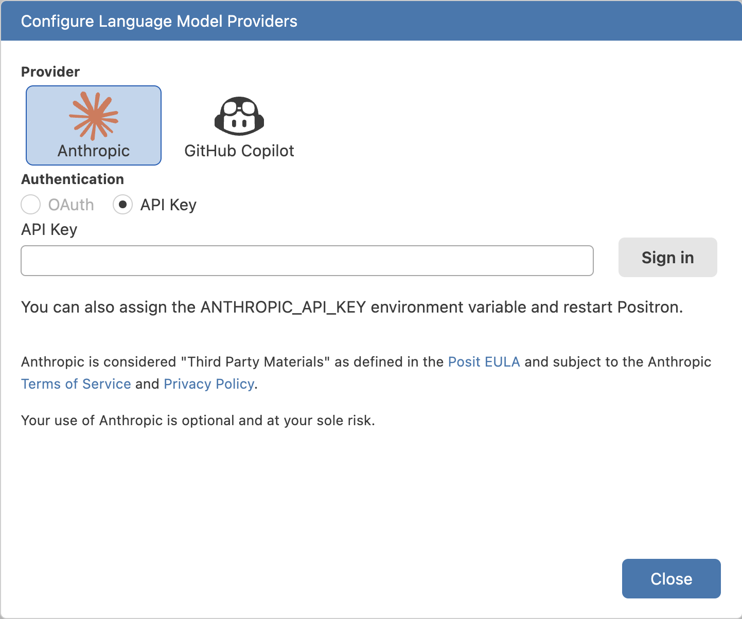 Anthropic selected in provider modal
