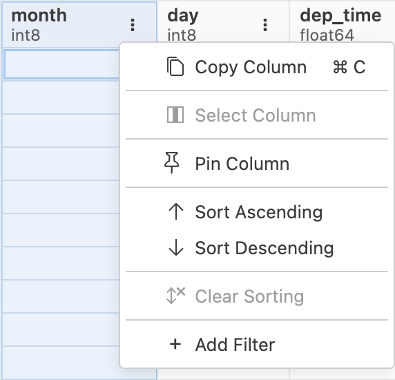 Data explorer column dropdown menu open, showing options: Copy Column, Select Column, Pin Column, Sort Ascending, Sort Descending, Clear Sorting, and Add Filter.
